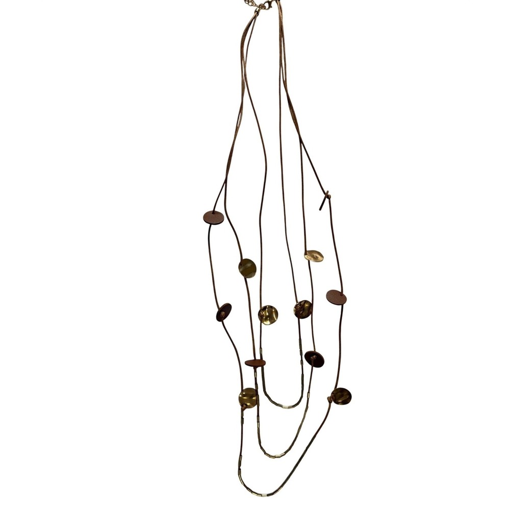 Boho Multi Strand Layered Necklace Gold Hammered Discs Brown Cord Geometric